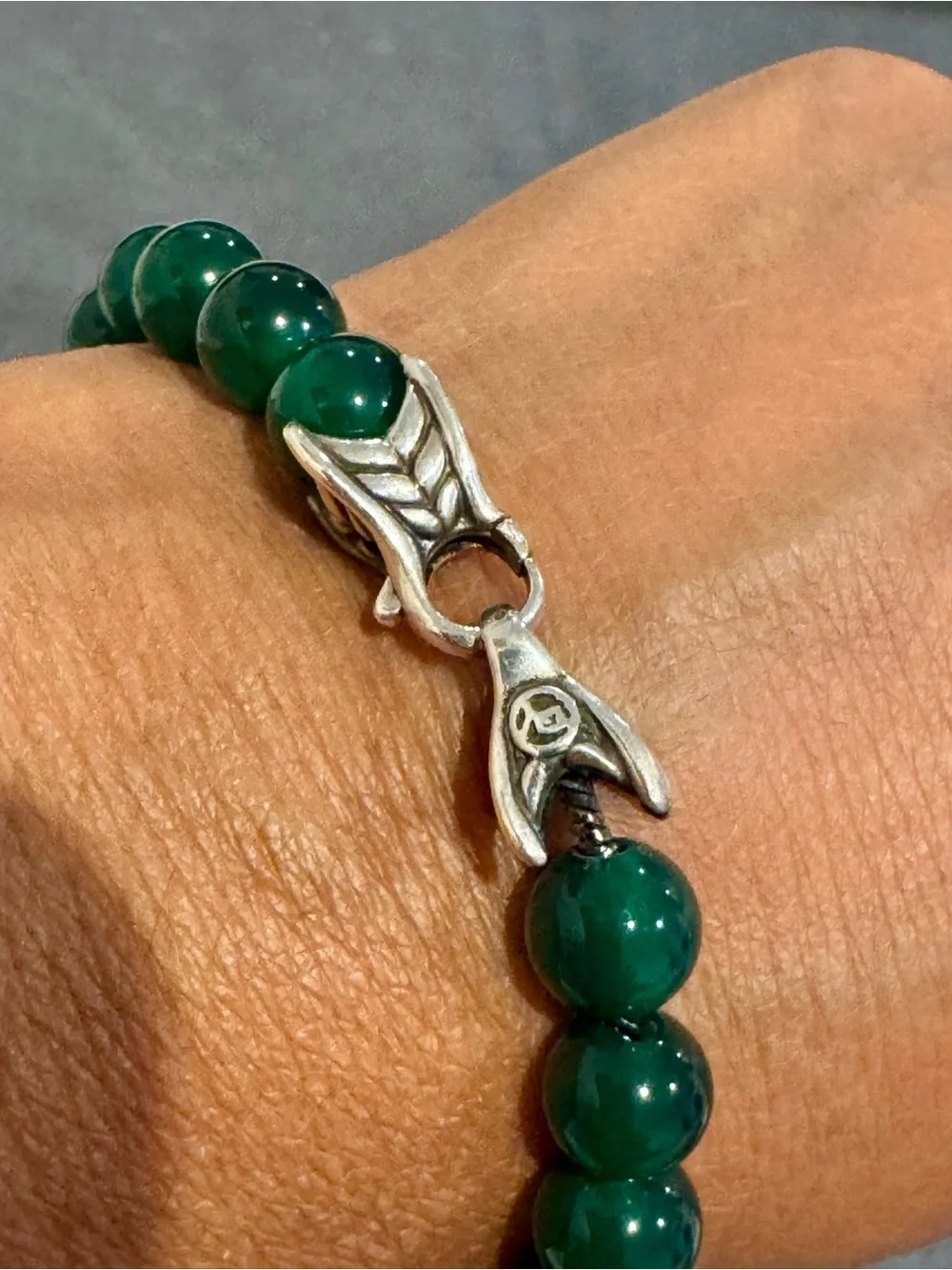 David Yurman 925 Sterling Silver 8mm Green Onyx Spiritual Bead Bracelet 8.5”
